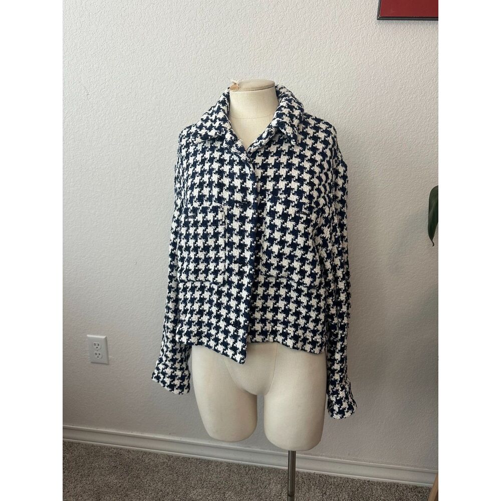 ZARA Navy Blue & White Houndstooth Cropped Jacket